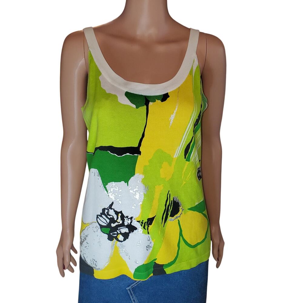 Vintage Berek Knit Floral Tank Top Green Yellow Art Print Size M Cotton Blend